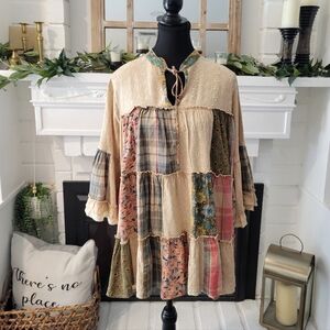 Boho Patchwork Embroidered Tiered 3/4 Bell Sleeves Relaxed Fit Tunic Top Size M